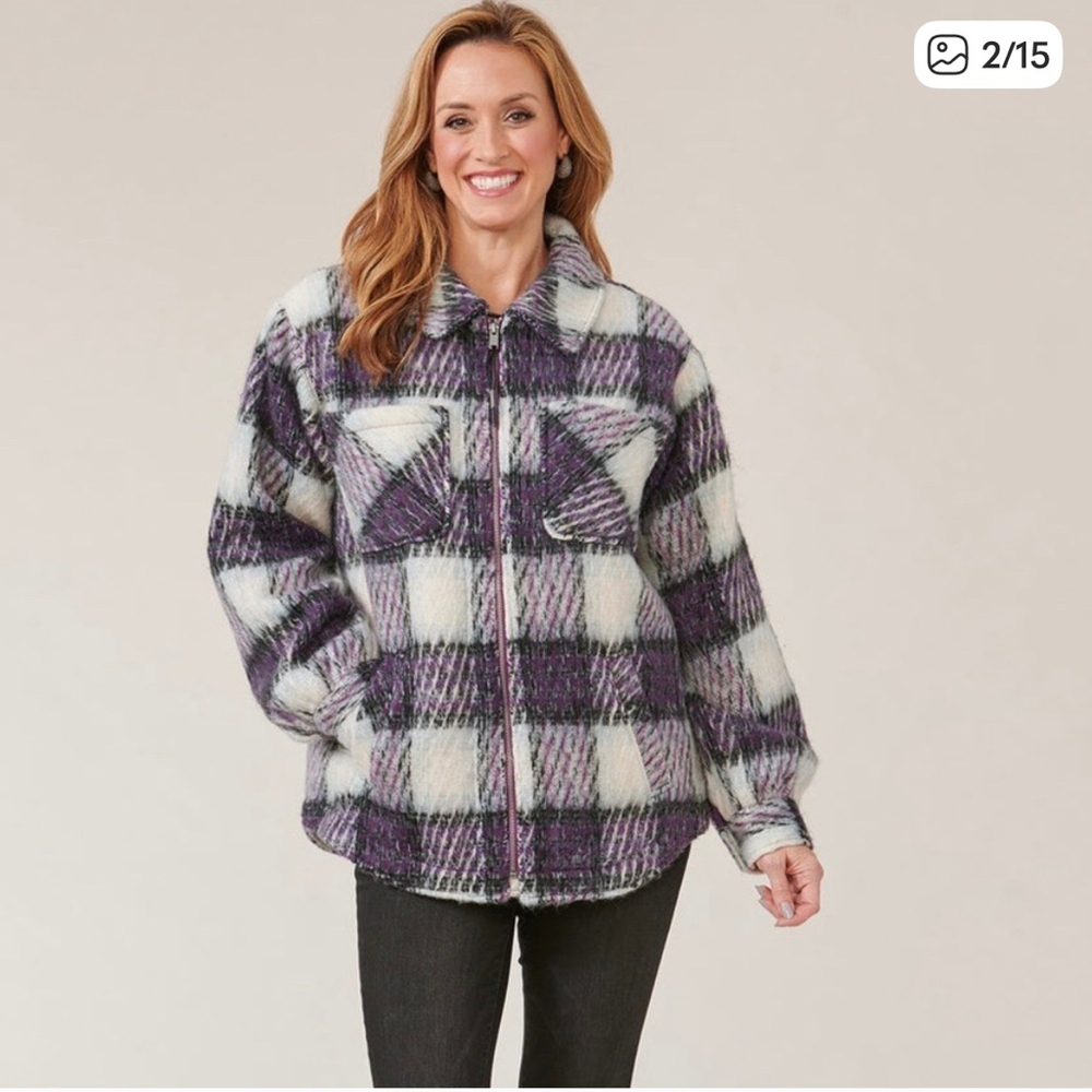Democracy Long Blouson Sleeve Zip Front Collared Patch Pocket Plaid Jacket XS - Picture 2 of 12